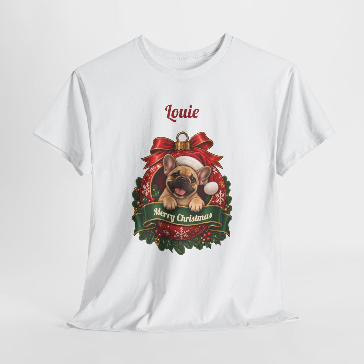 Personalized French Bulldog Christmas T-Shirt, hanging on a hanger