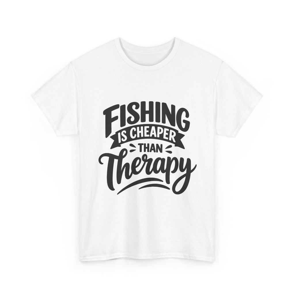 White Fishing Is Cheaper Than Therapy T-Shirt with bold Fishing Is Cheaper Than Therapy lettering, front view