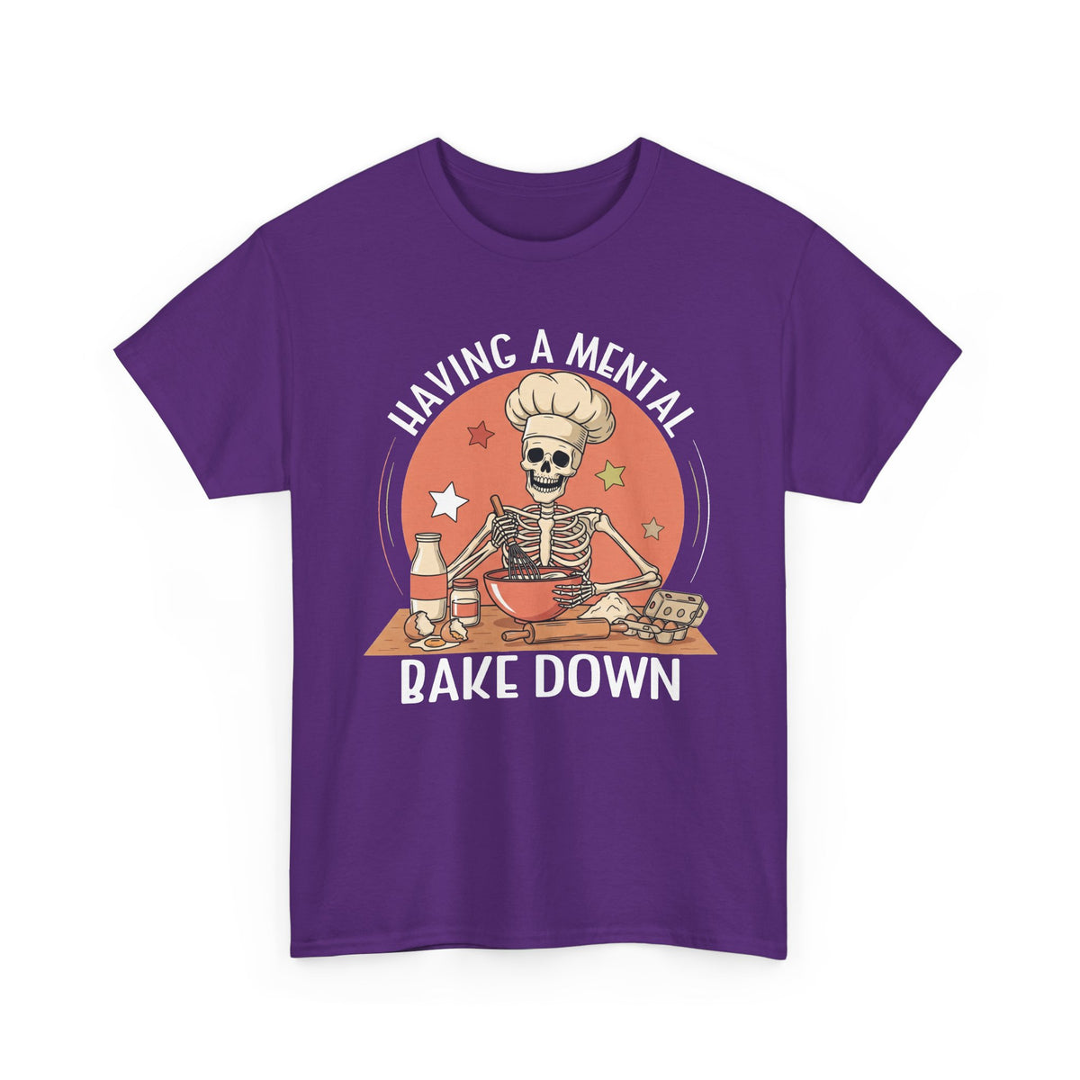 Purple Having A Mental Bake Down skeleton baker t-shirt, front view