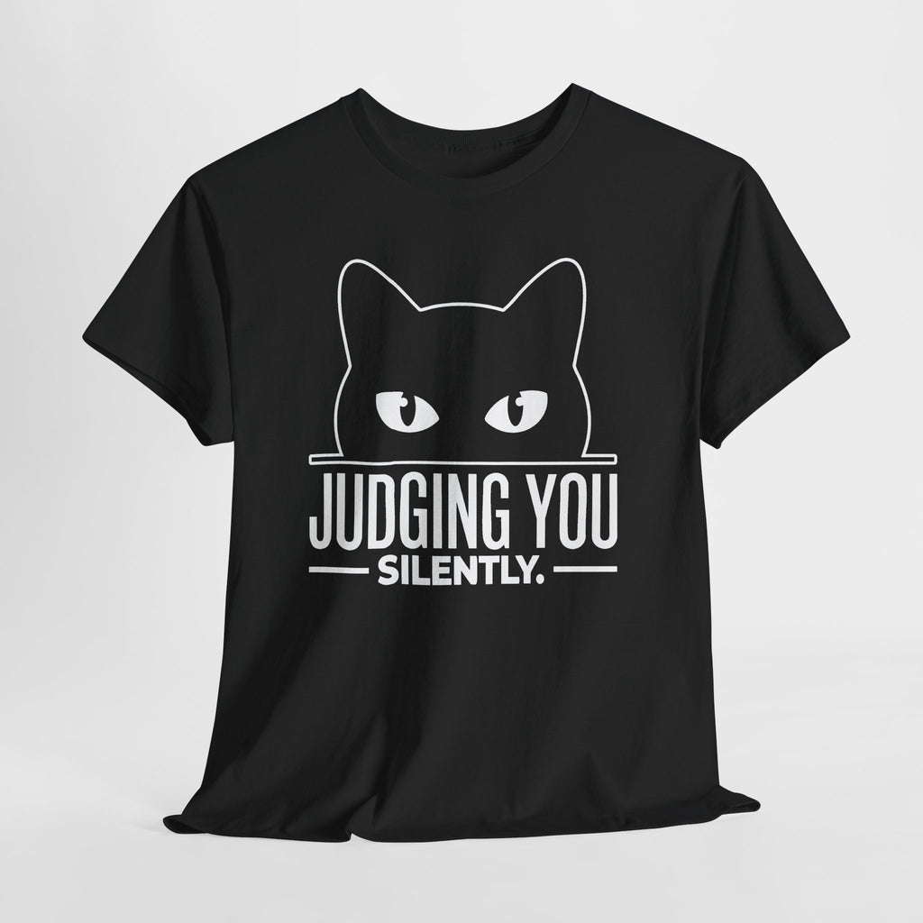 Black Judging You Silently Cat T-Shirt, flat lay
