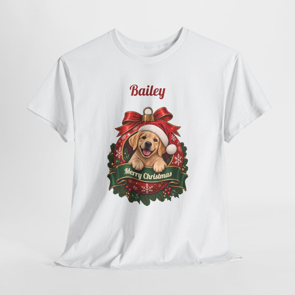 Personalized Labrador Christmas T-Shirt, hanging on a hanger