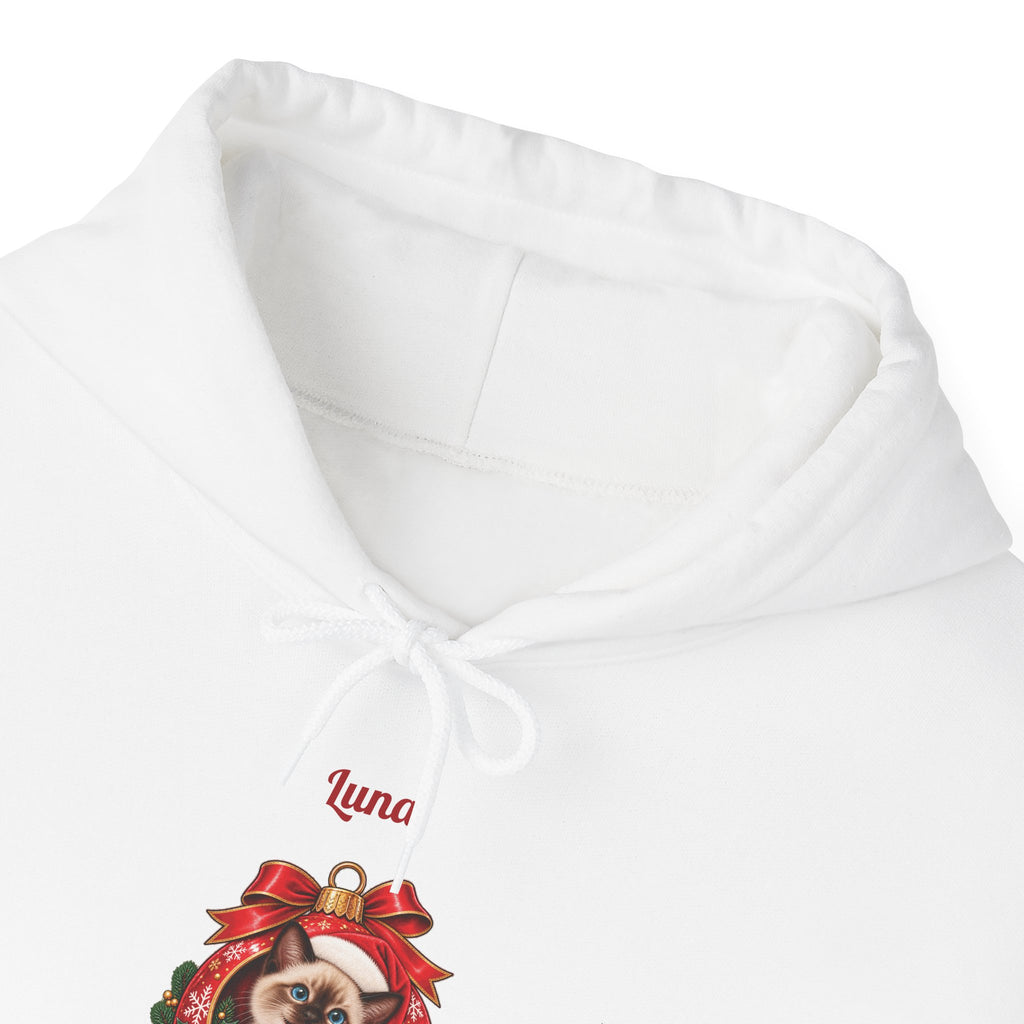 White Personalized Siamese Cat Christmas Hoodie, close-up of the print