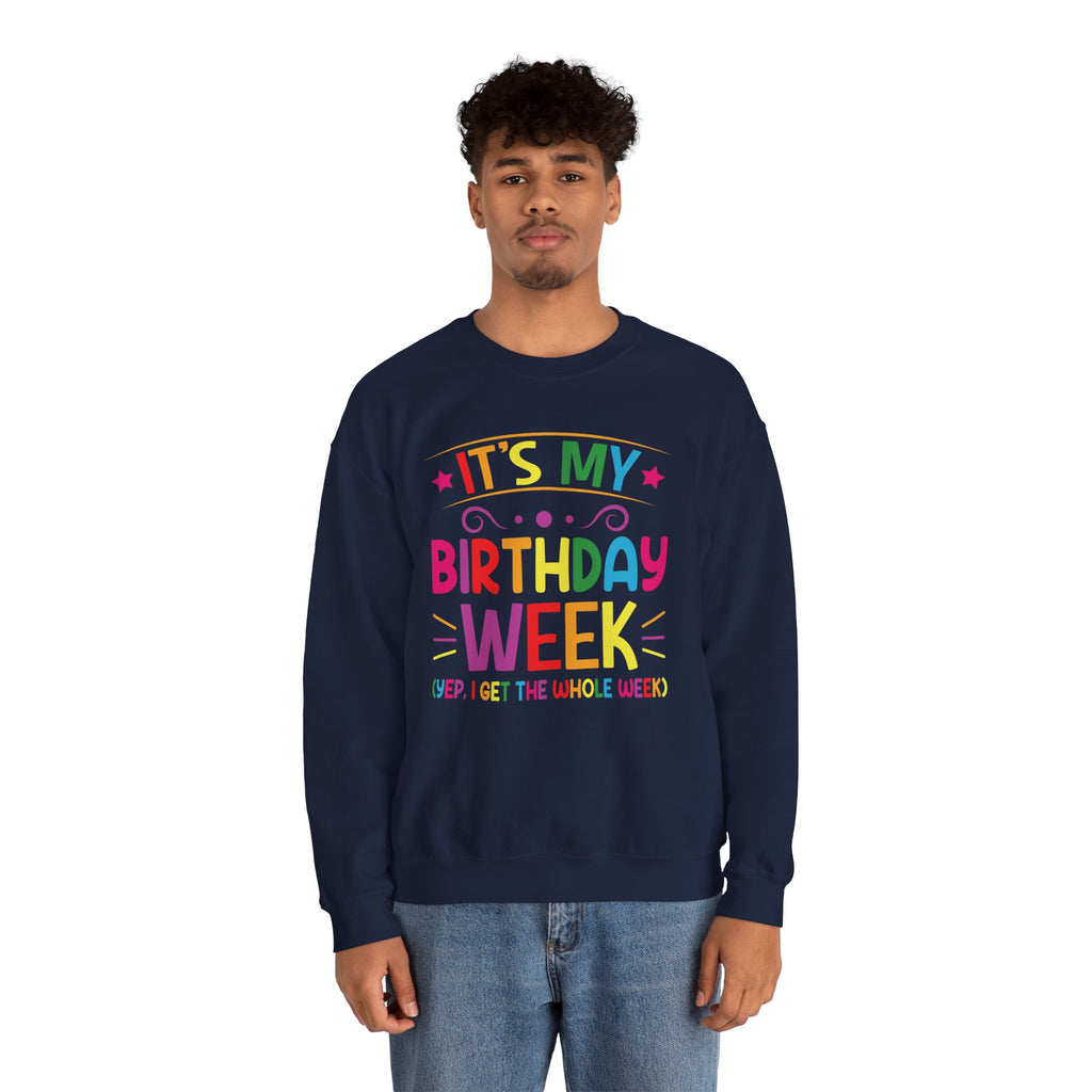 Model wearing the It's My Birthday Week Rainbow Sweatshirt