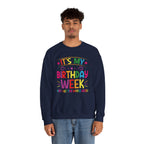 Model wearing the It's My Birthday Week Rainbow Sweatshirt