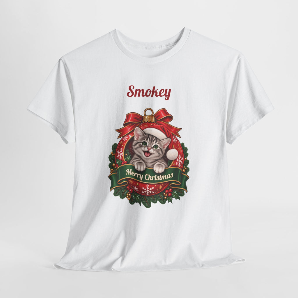 White Personalized Grey Tabby Cat Christmas T-Shirt, close-up of the print