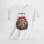 White Personalized Grey Tabby Cat Christmas T-Shirt, close-up of the print