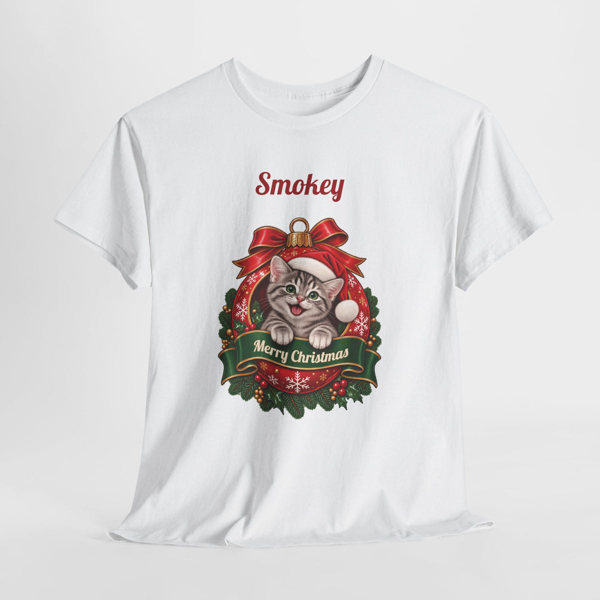 White Personalized Grey Tabby Cat Christmas T-Shirt, close-up of the print