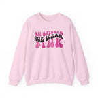 Light Pink In October We Wear Pink retro sweatshirt with groovy lettering, front view