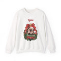White Personalized Siamese Cat Christmas Sweatshirt with a Siamese cat in a Christmas ornament and a custom name, front view