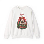 White Personalized Siamese Cat Christmas Sweatshirt with a Siamese cat in a Christmas ornament and a custom name, front view