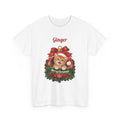White Personalized Orange Tabby Cat Christmas T-Shirt with a cat in a Christmas ornament and a custom name, front view