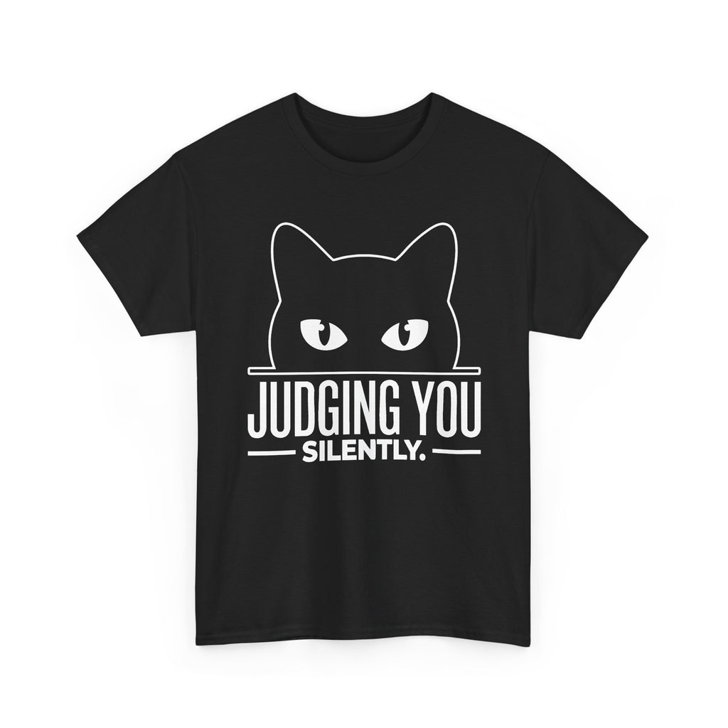 Black Judging You Silently Cat T-Shirt with a black cat peeking over the words Judging You Silently, front view