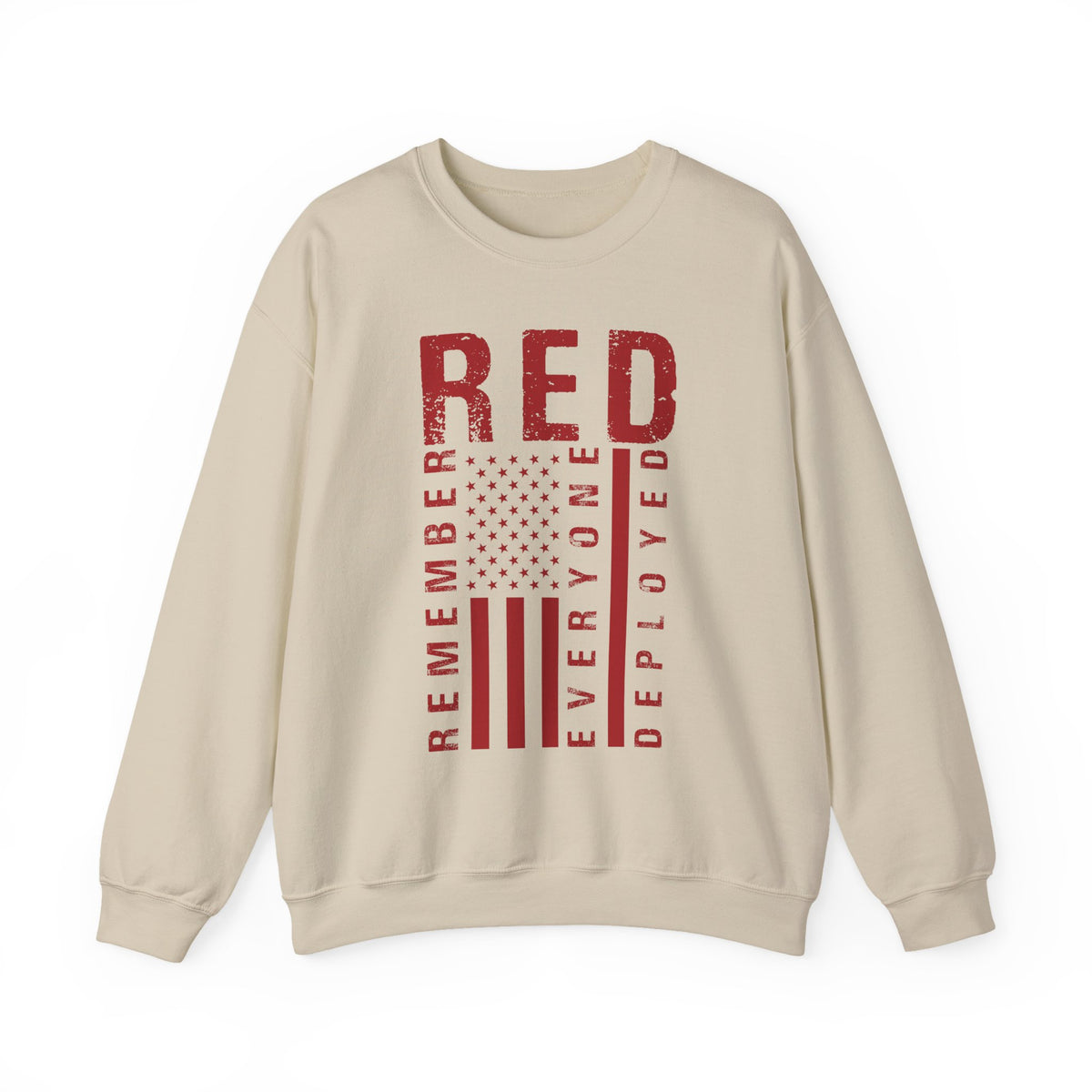 Sand RED remember everyone deployed sweatshirt with distressed American flag print, front view
