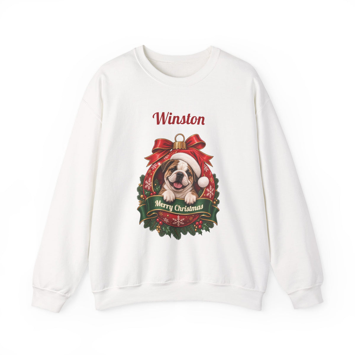 White Personalized English Bulldog Christmas Sweatshirt with an English Bulldog in a Christmas ornament and a custom name, front view