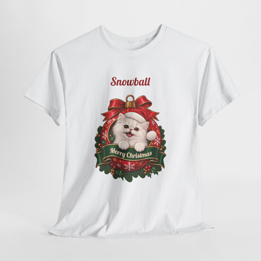 White Personalized White Persian Cat Christmas T-Shirt, close-up of the print
