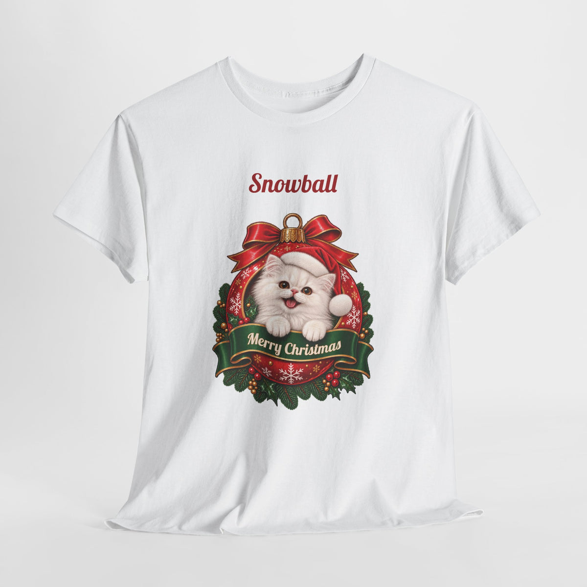 White Personalized White Persian Cat Christmas T-Shirt, close-up of the print