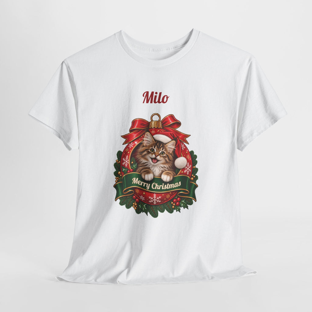 White Personalized Maine Coon Cat Christmas T-Shirt, close-up of the print