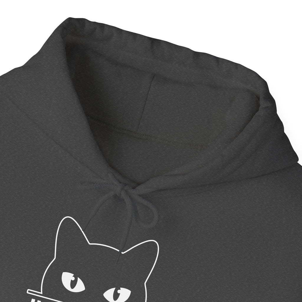 Dark Heather Judging You Silently Cat Hoodie, front collar close-up