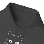 Dark Heather Judging You Silently Cat Hoodie, front collar close-up