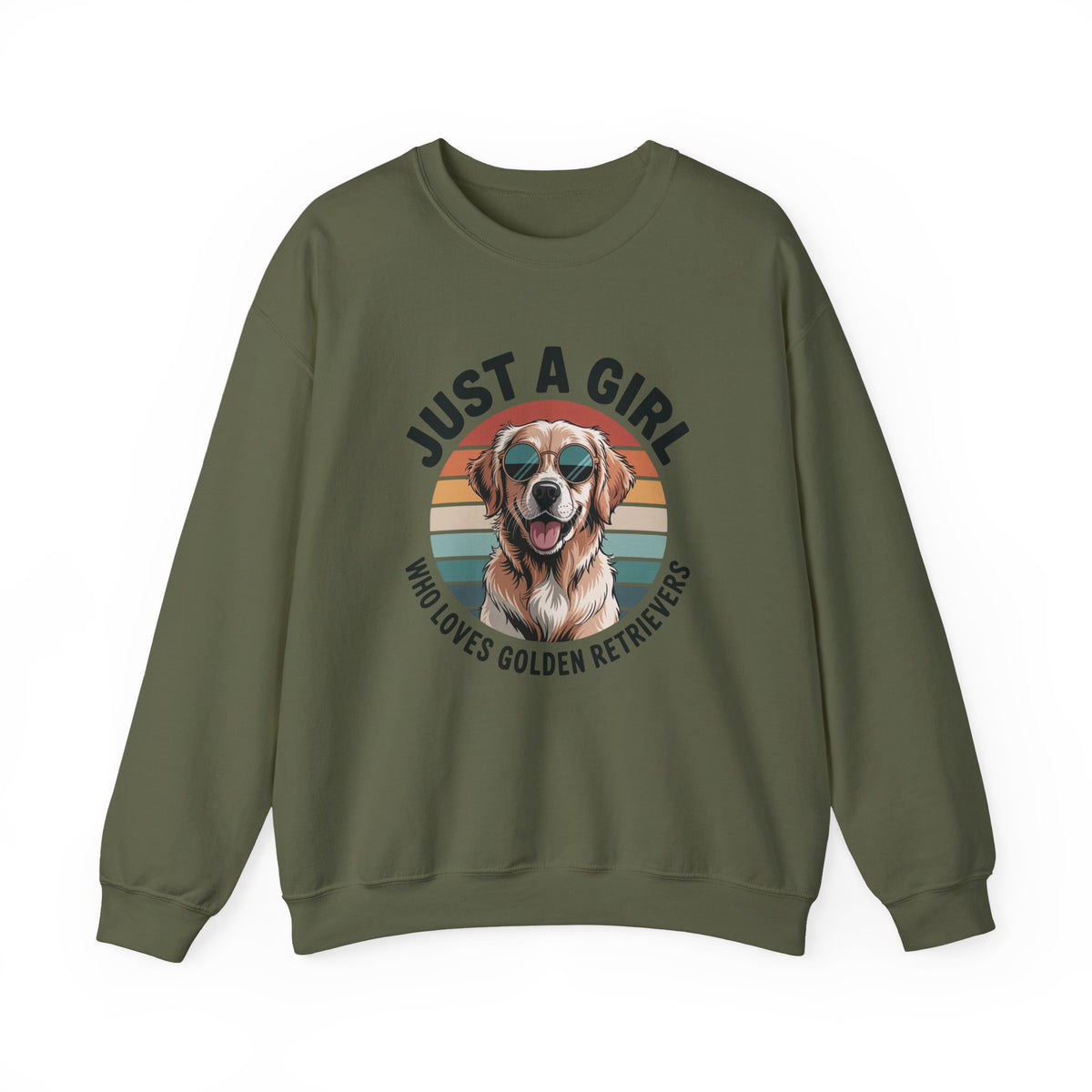 Military Green Just a Girl Who Loves Golden Retrievers retro sunset sweatshirt, front view