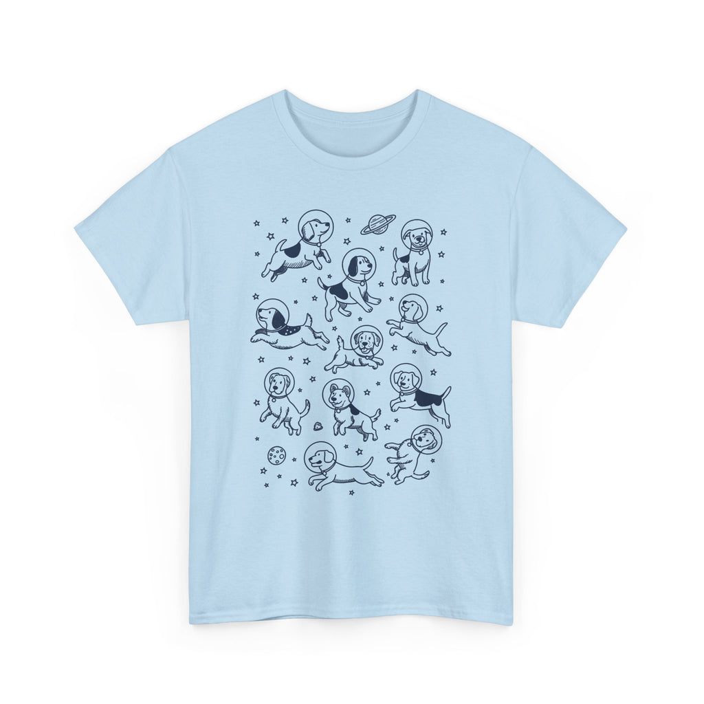 Light Blue space dogs astronaut t-shirt with navy line-art dogs in space helmets, front view