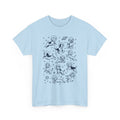 Light Blue space dogs astronaut t-shirt with navy line-art dogs in space helmets, front view