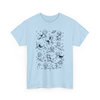 Light Blue space dogs astronaut t-shirt with navy line-art dogs in space helmets, front view