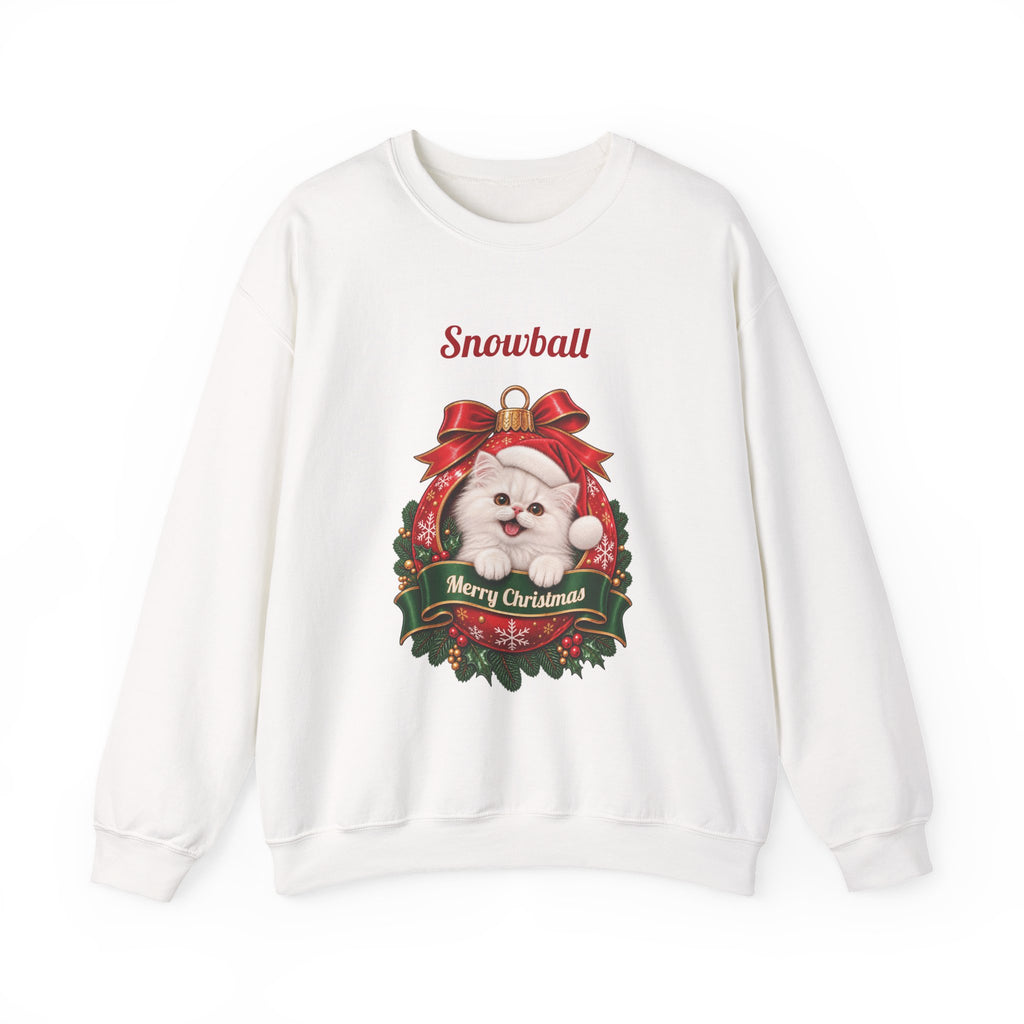 White Personalized White Persian Cat Christmas Sweatshirt with a white Persian cat in a Christmas ornament and a custom name, front view