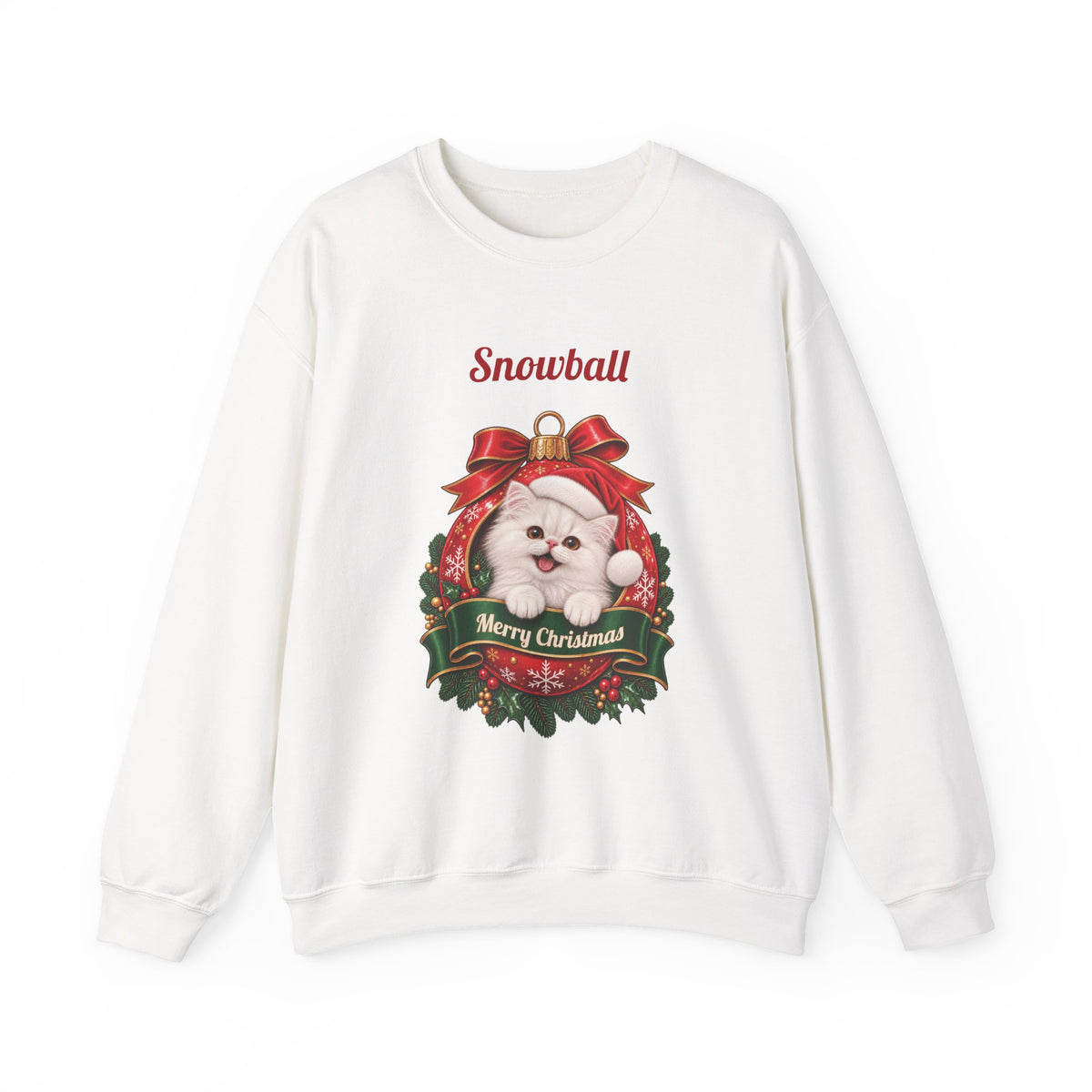 White Personalized White Persian Cat Christmas Sweatshirt with a white Persian cat in a Christmas ornament and a custom name, front view