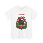 White Personalized Black Cat Christmas T-Shirt with a black cat in a Christmas ornament and a custom name, front view