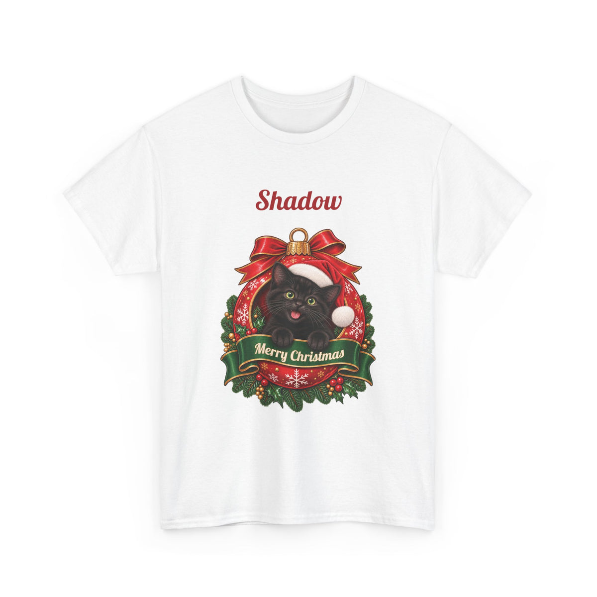 White Personalized Black Cat Christmas T-Shirt with a black cat in a Christmas ornament and a custom name, front view