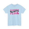 Light Blue In October We Wear Pink retro t-shirt with groovy lettering, front view