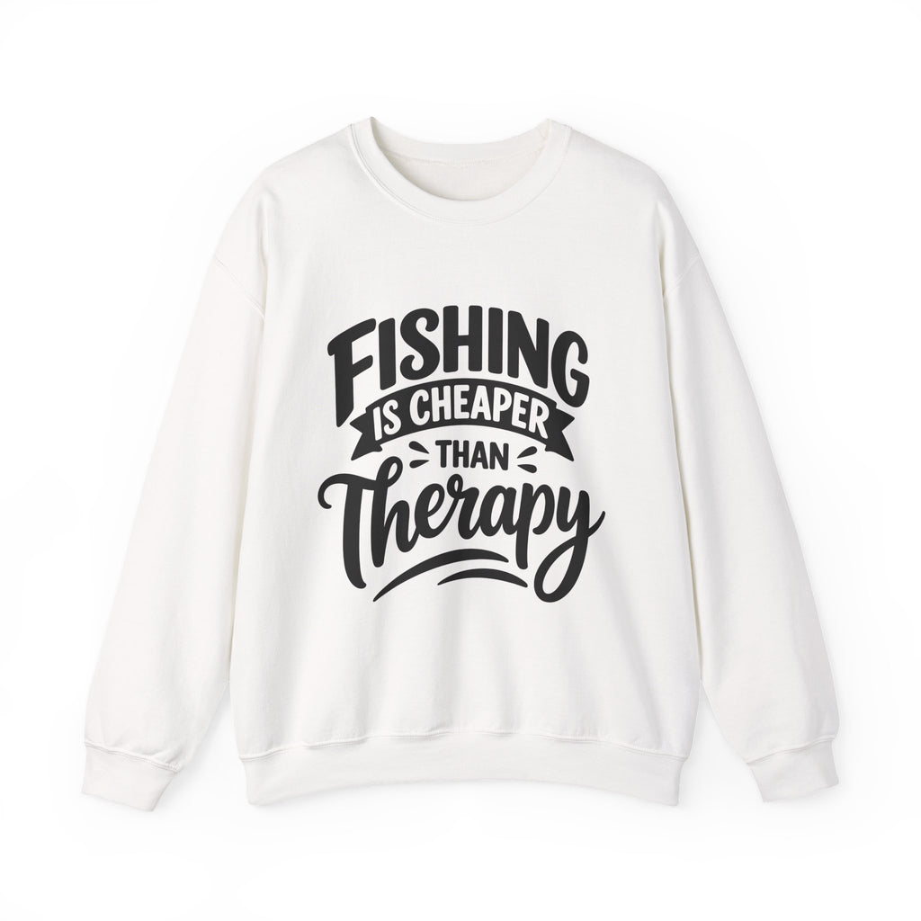 White Fishing Is Cheaper Than Therapy Sweatshirt with bold Fishing Is Cheaper Than Therapy lettering, front view