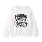 White Fishing Is Cheaper Than Therapy Sweatshirt with bold Fishing Is Cheaper Than Therapy lettering, front view