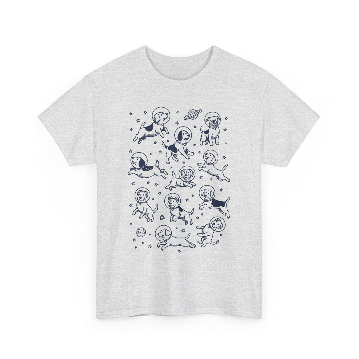 Ash space dogs astronaut t-shirt with navy line-art dogs in space helmets, front view