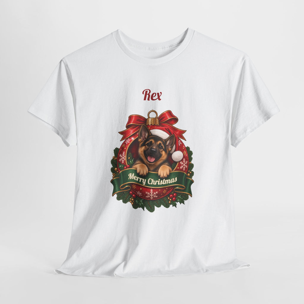 Personalized German Shepherd Christmas T-Shirt, hanging on a hanger