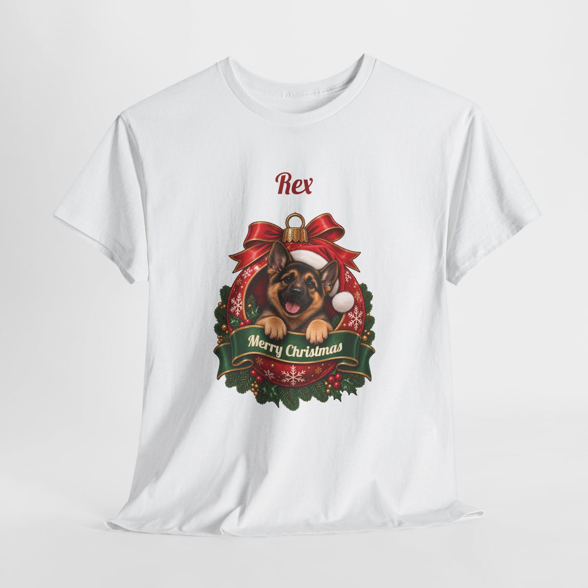 Personalized German Shepherd Christmas T-Shirt, hanging on a hanger