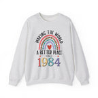 Ash Making The World A Better Place Since 1984 rainbow sweatshirt, front view