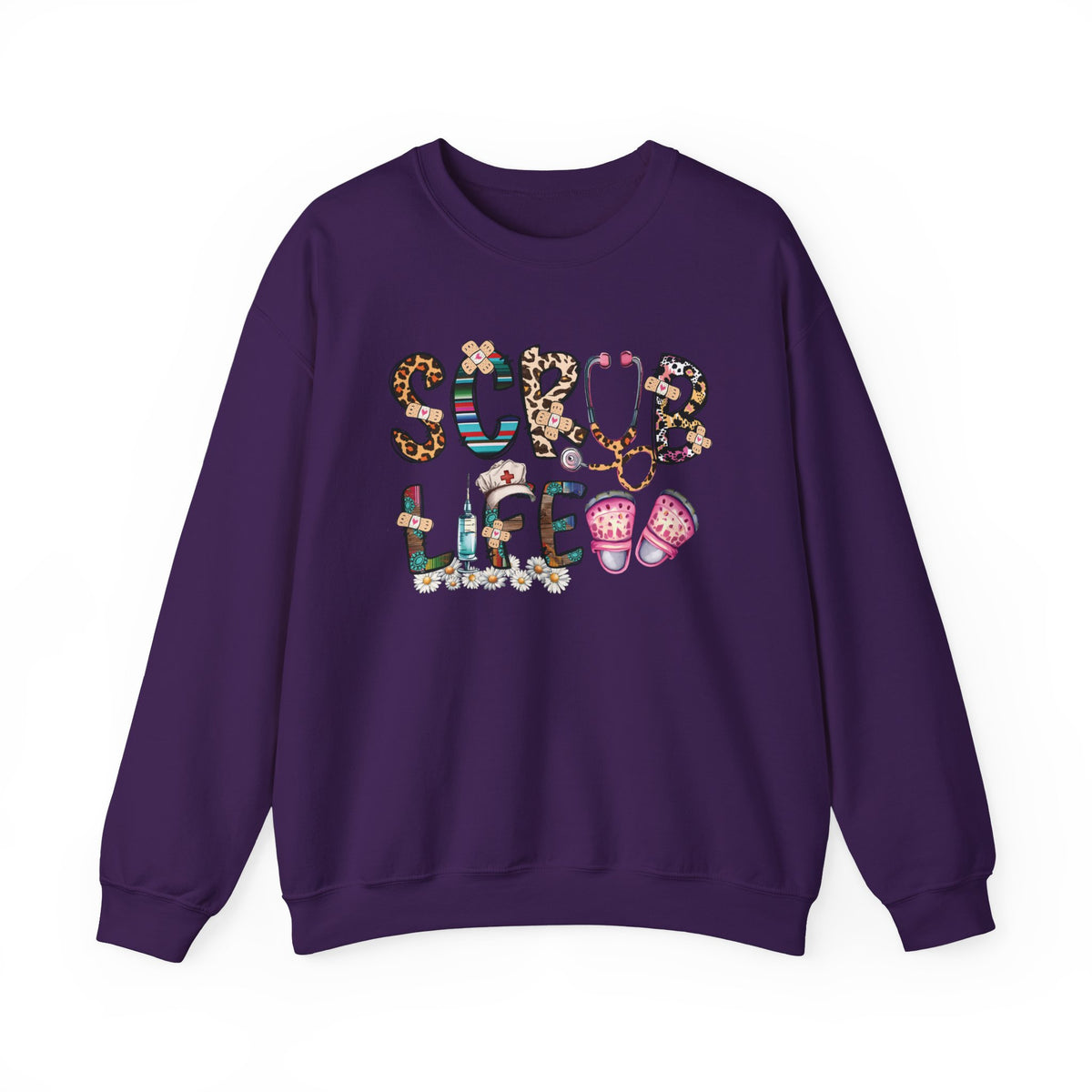 Purple Scrub Life nurse sweatshirt with patterned lettering, stethoscope and clogs, front view