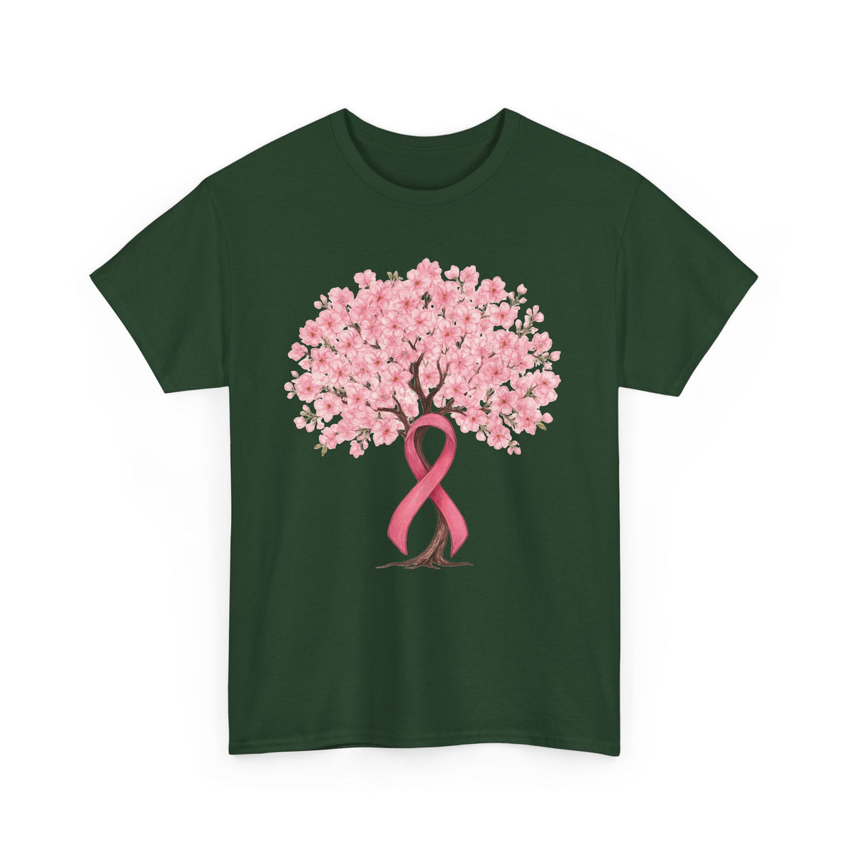 Forest Green cherry blossom tree t-shirt with pink ribbon trunk, front view