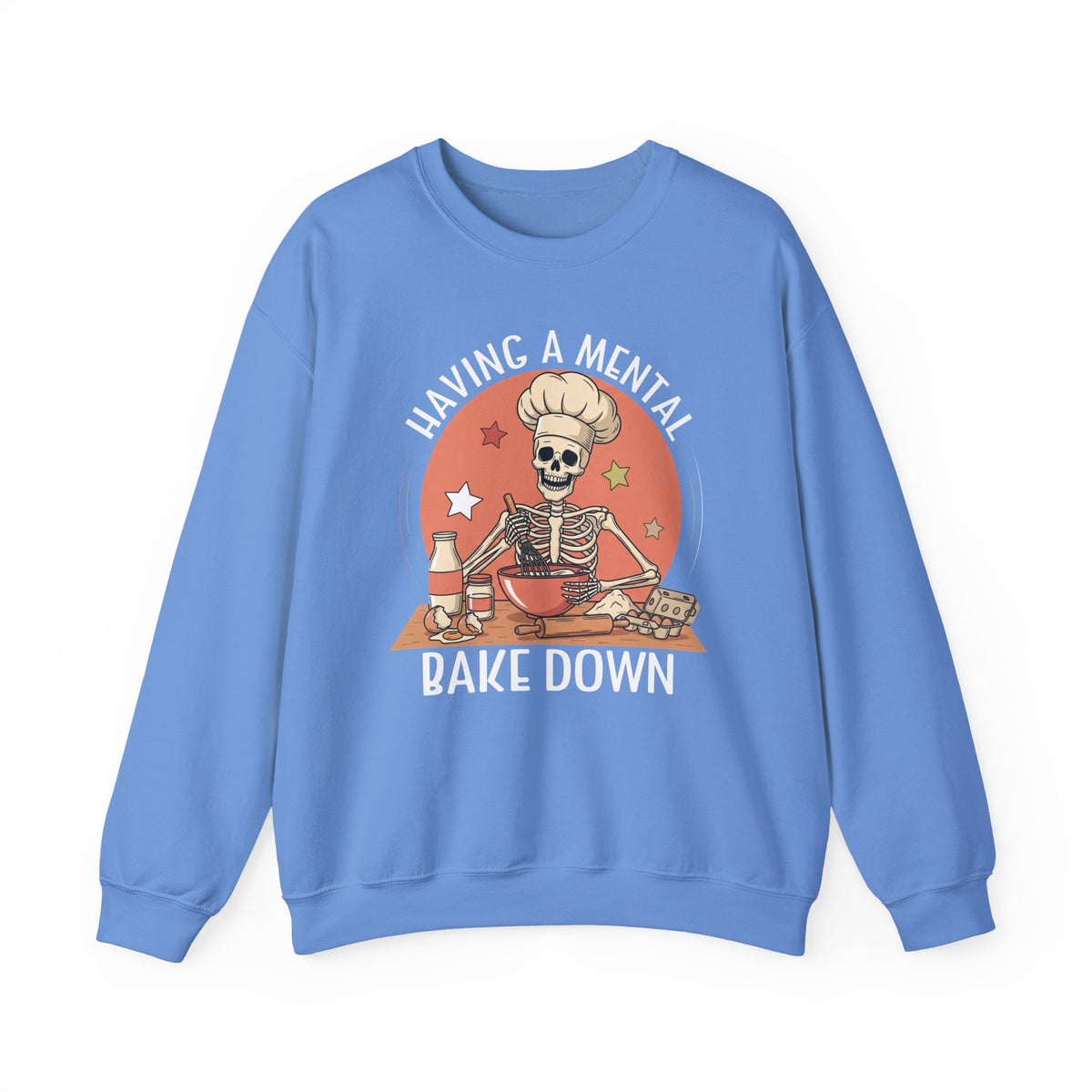 Carolina Blue Having A Mental Bake Down skeleton baker sweatshirt, front view