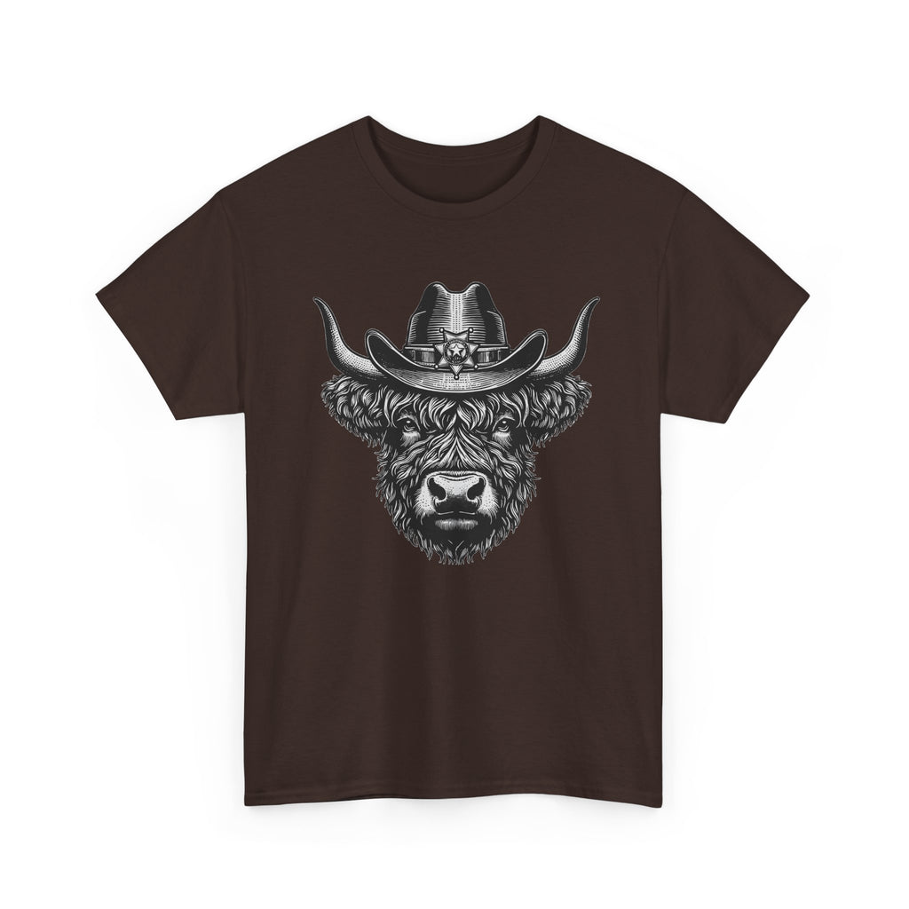Dark Chocolate Highland cow cowboy hat t-shirt with vintage engraved cow in a sheriff hat, front view