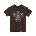 Dark Chocolate Highland cow cowboy hat t-shirt with vintage engraved cow in a sheriff hat, front view