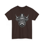 Dark Chocolate Highland cow cowboy hat t-shirt with vintage engraved cow in a sheriff hat, front view