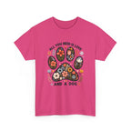 Heliconia All You Need Is Love And A Dog t-shirt with floral dog paw print, front view