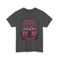 Dark Heather In October We Wear Pink t-shirt with five witches in pink gowns, front view