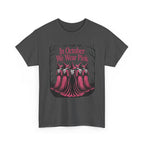 Dark Heather In October We Wear Pink t-shirt with five witches in pink gowns, front view