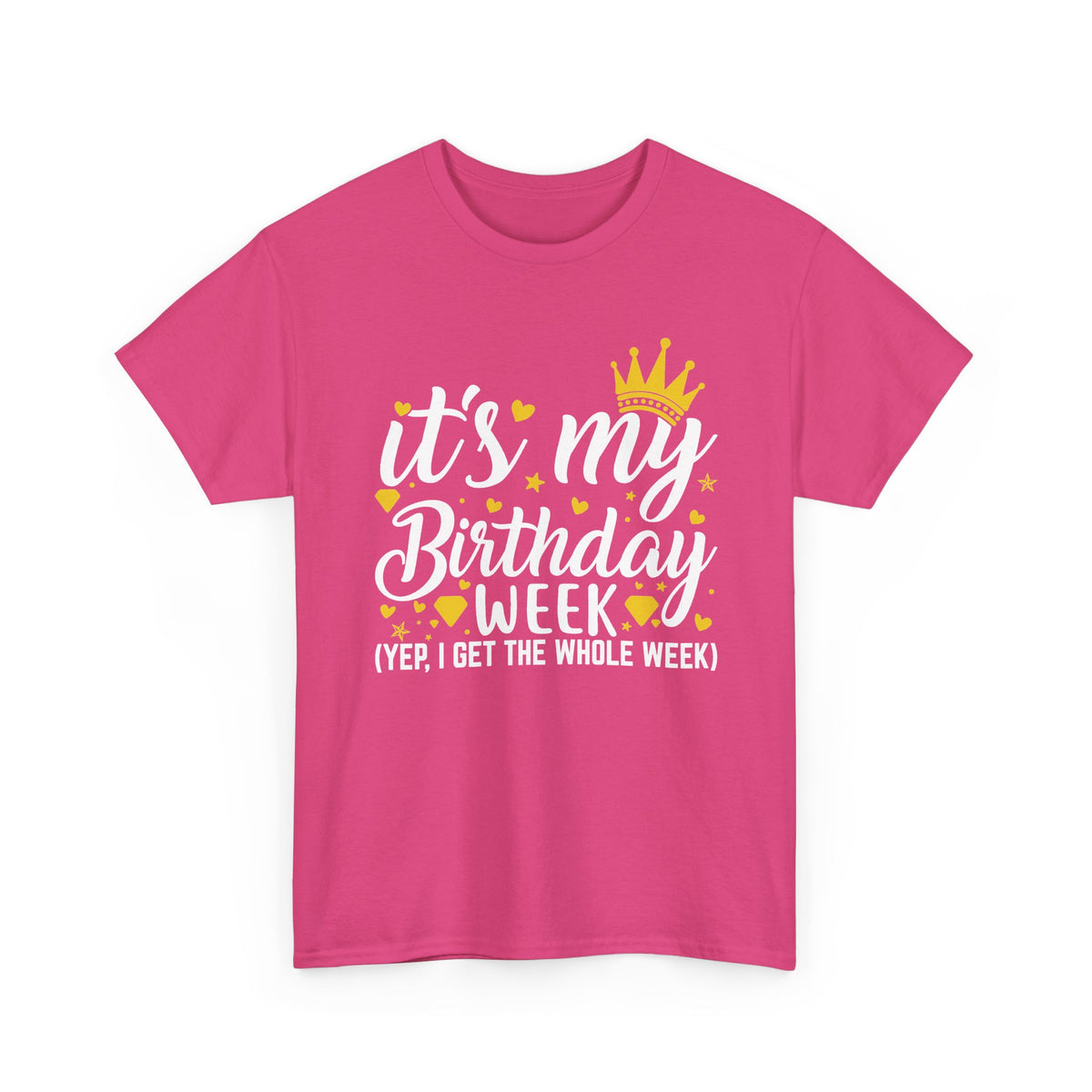 Heliconia It's My Birthday Week t-shirt with gold crown, front view