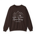 Dark Chocolate Faith Can Move Mountains sweatshirt with white mountain and sunrise line art, front view