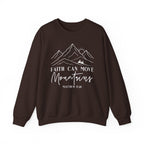 Dark Chocolate Faith Can Move Mountains sweatshirt with white mountain and sunrise line art, front view